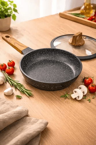 Frigideira Mármore 24cm Tampa De Vidro Borda Silicone