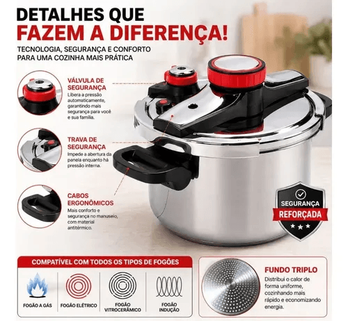 Panela De Pressão Indução E Gás De Aço Inoxidável 5 Litros